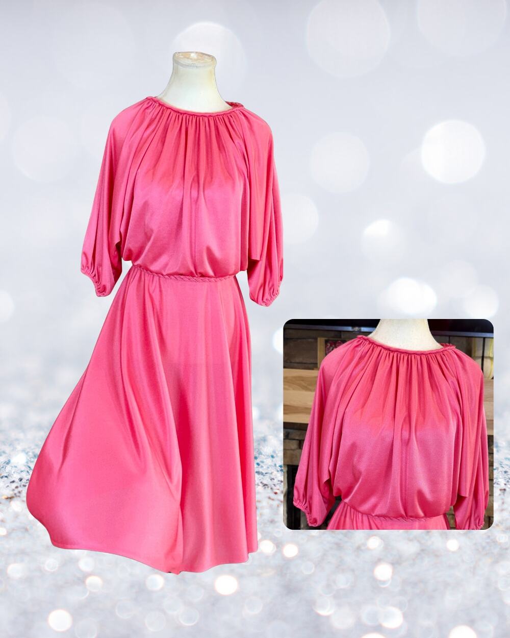Vintage 1970s Themes Pink Liquid Knit Disco Dress Blouson Midi Goddess Size 8